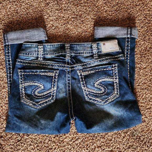 Silver Suki Fluid Mid Capri Jeans Denim Dark Blue Stone Wash - Picture 4 of 7